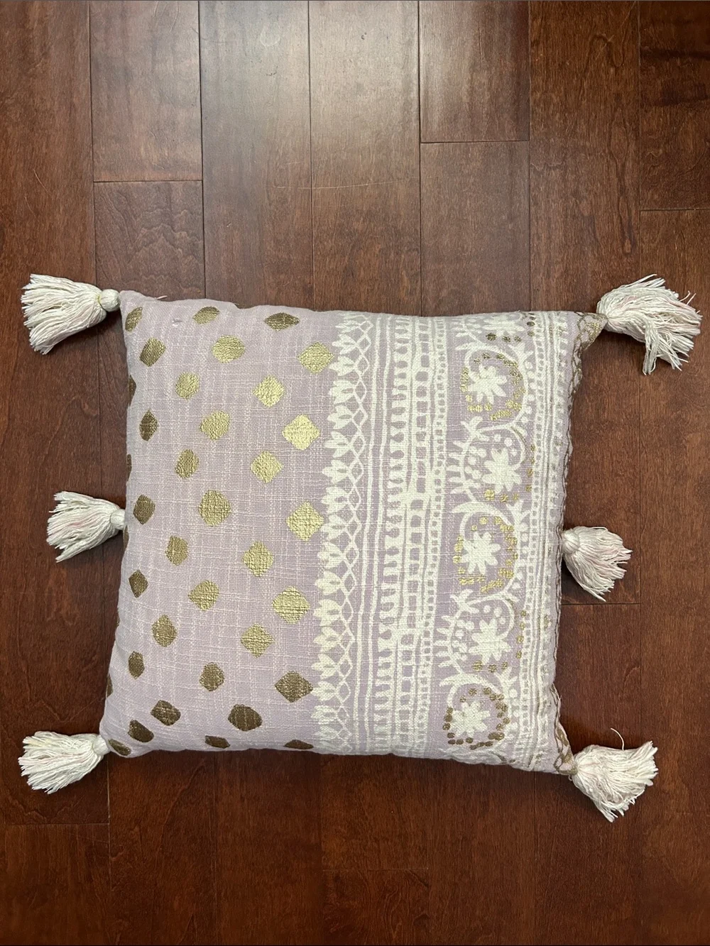 Anthropologie Large Boho Metallic Gold and Lavender Tasseled Pillow, 20”x20”